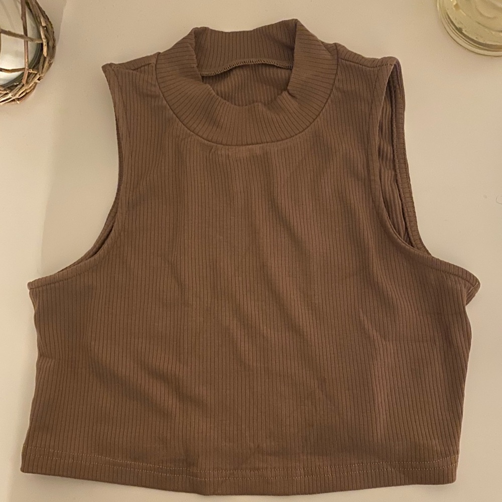 Mock neck ribbed tank top. Mocha brown